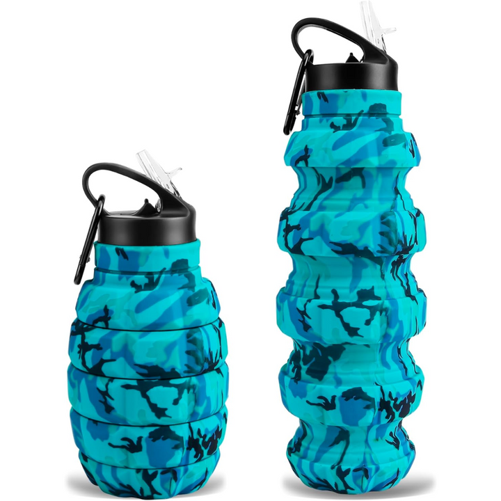 Foldable silicone travel water bottle, 19.5 fl oz. Space-saving, reusable for hydration on any adventure.
