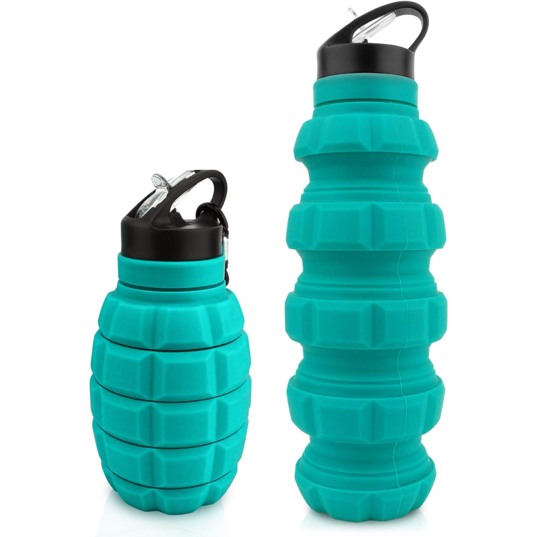 Reusable silicone travel water bottle, 19.5 fl oz. Collapsible design for easy packing & outdoor adventures.