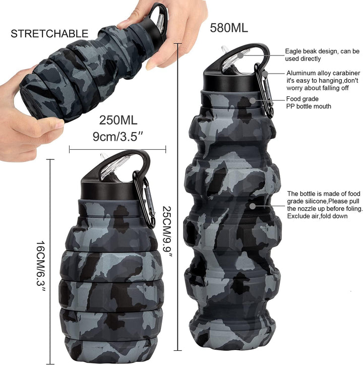 Collapsible silicone water bottle (575ml) for travel. Unisex, portable hydration for sport & daily use.