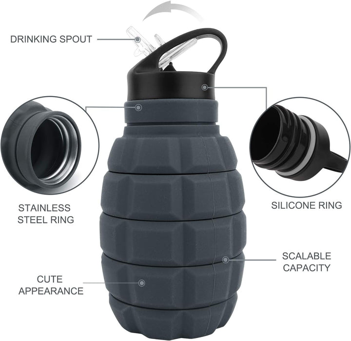 Compact 19.5 fl oz collapsible silicone bottle. Perfect for travel, hiking, & eco-friendly hydration.