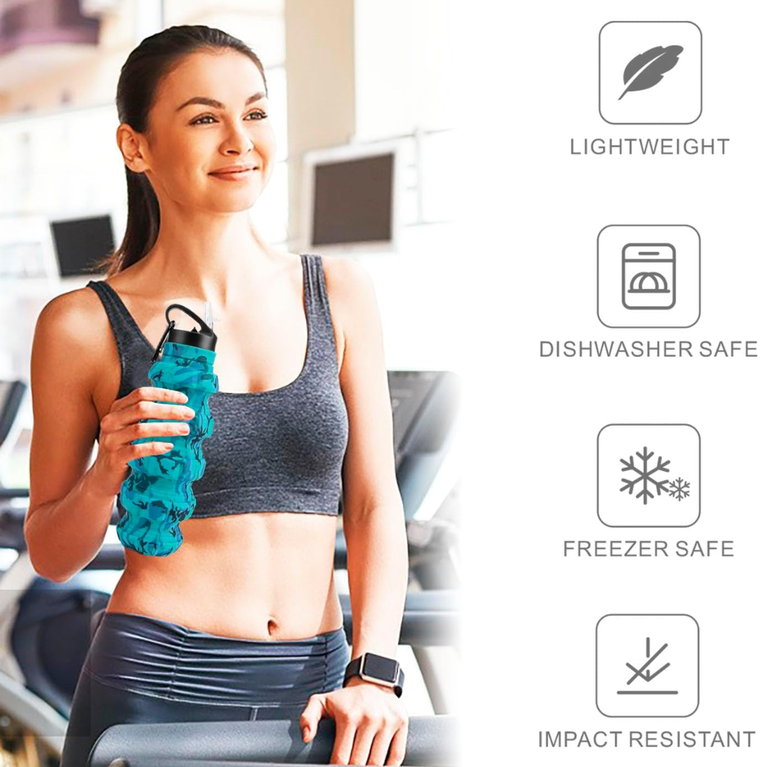 Durable silicone travel water bottle, 19.5 fl oz. Collapsible, reusable & eco-friendly for outdoor hydration.