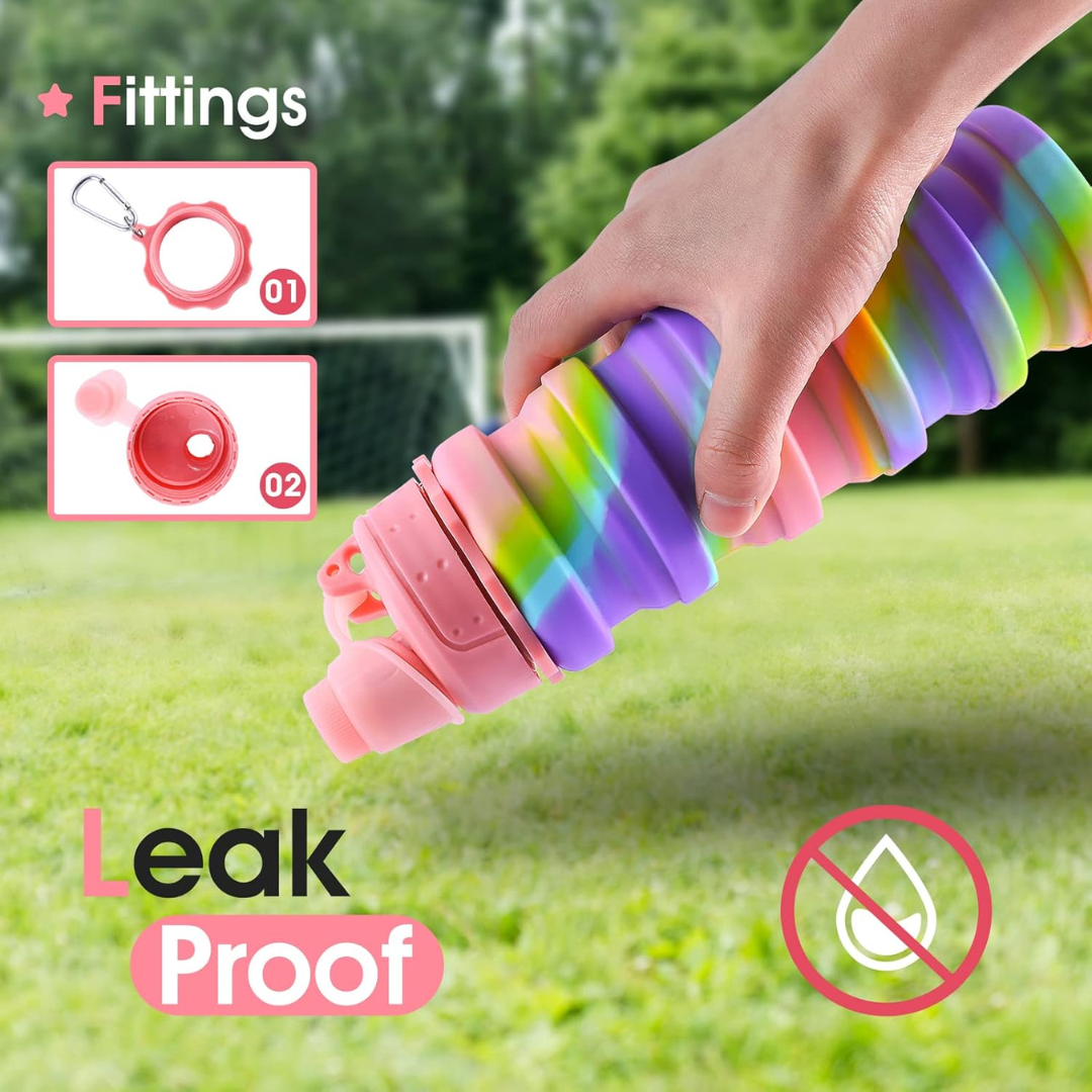 Portable collapsible silicone water bottle, reusable, leakproof, for travel, gym & outdoor adventures.