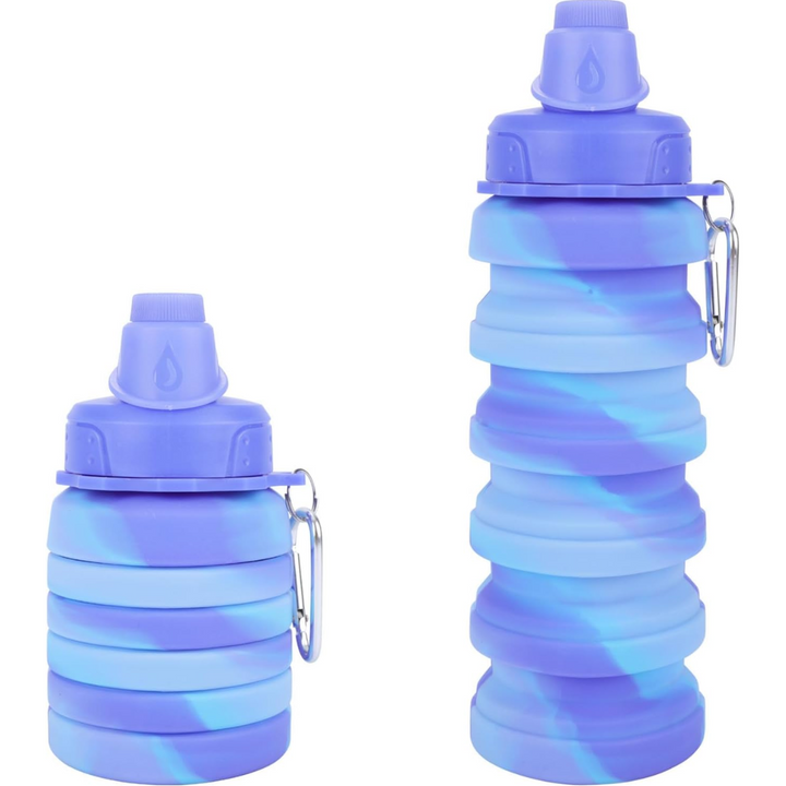Travel-friendly collapsible silicone water bottle, great for flights, hikes, and gym workouts.
