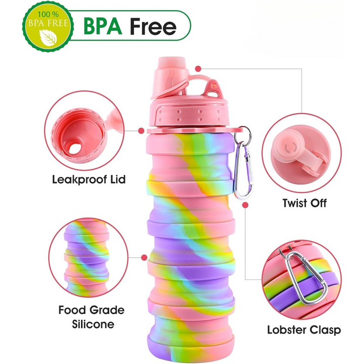 Collapsible silicone water bottle for travel, hiking, and daily hydration. Reusable & eco-friendly.