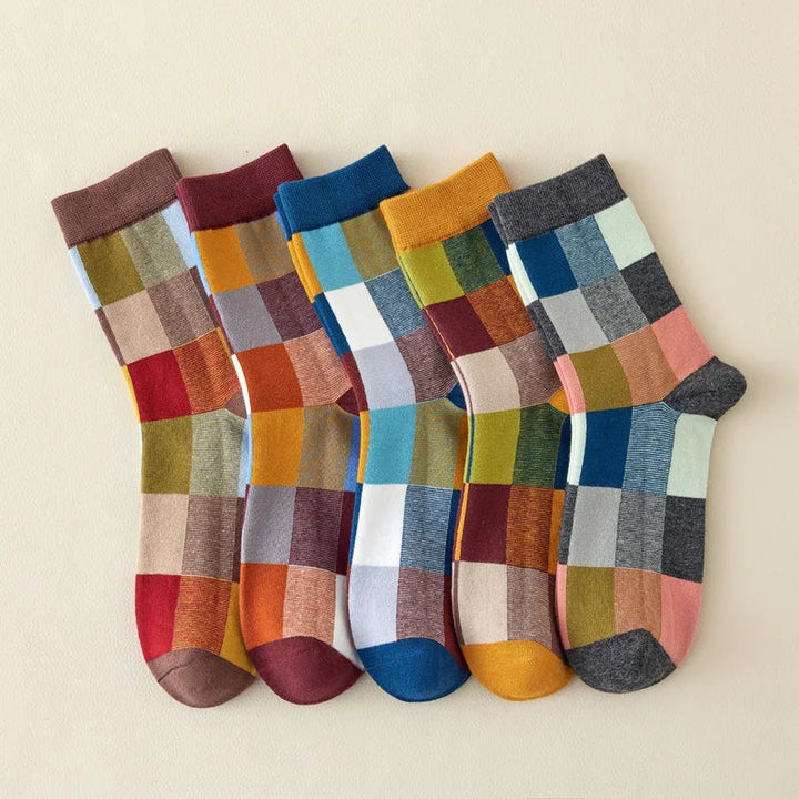 Unisex Color Theory Patchwork Sock Set, colorful retro cotton blend socks for comfort & fashion.
