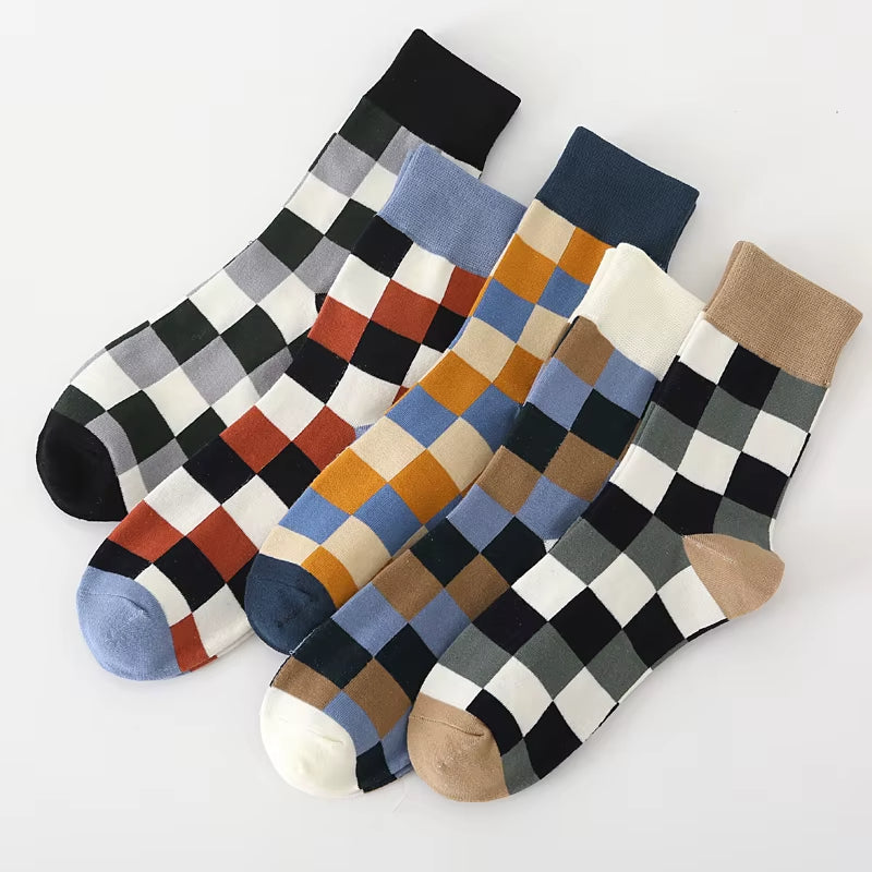 Retro patchwork socks, unisex & colorful. Cotton blend comfort for a unique fashion accessory & gift.