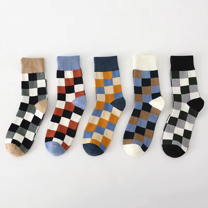 Colorful retro patchwork socks. Unisex cotton blend for comfort and fashion, part of a unique set.