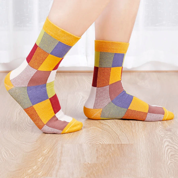 Soft cotton blend patchwork socks. Unisex, colorful, & comfortable, perfect retro fashion accessories.