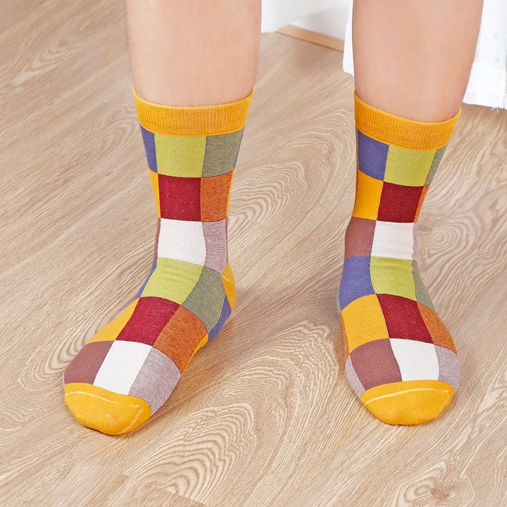 Giftable Unisex Color Theory patchwork sock set. Stylish, colorful retro cotton blend accessories.