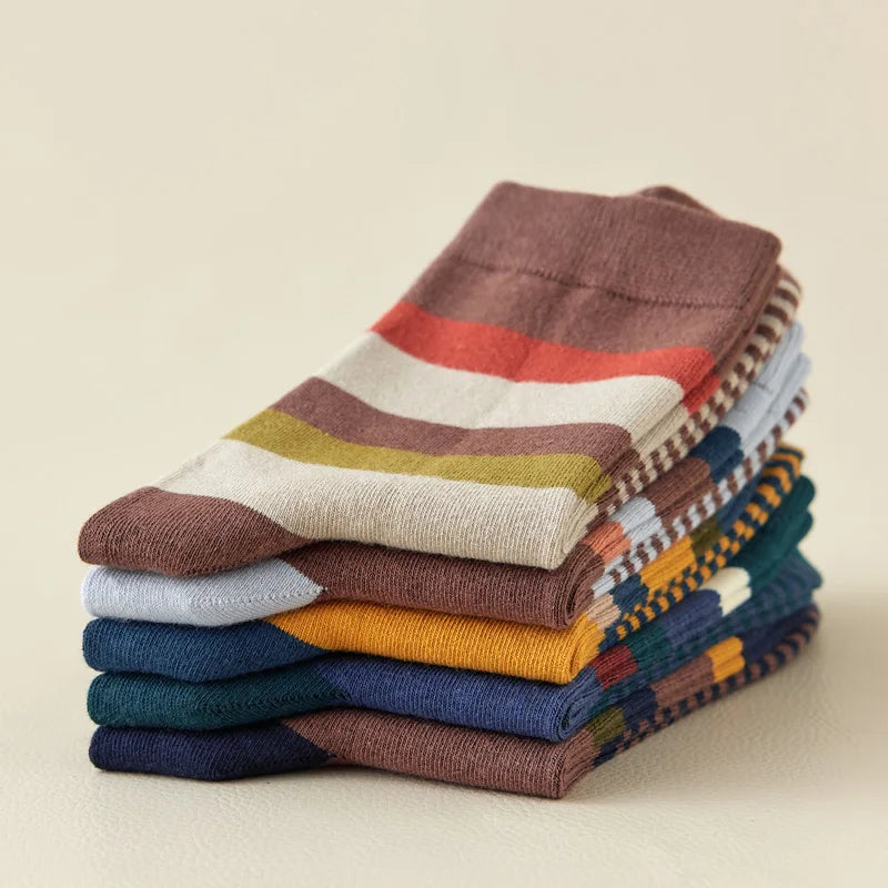 Distinctive patchwork socks, a unisex color theory design. Colorful, retro, cotton blend for comfort & style.