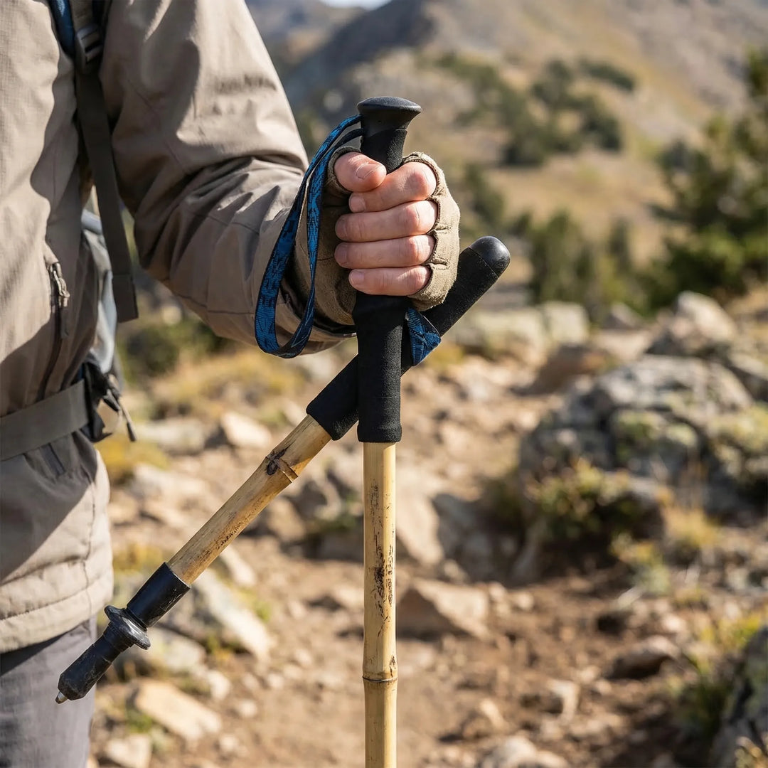 Unisex compact folding trekking pole for hiking, trail walking, and outdoor adventures.