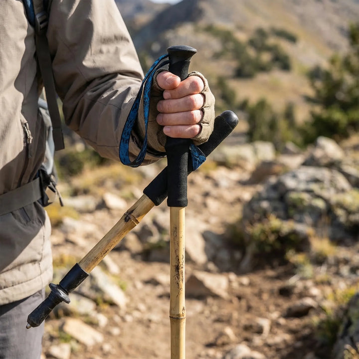 Unisex compact folding trekking pole for hiking, trail walking, and outdoor adventures.