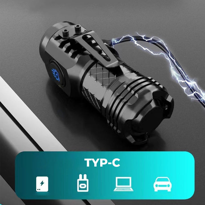 Unisex rechargeable LED torch, waterproof and compact, perfect for outdoor adventures and daily carry.