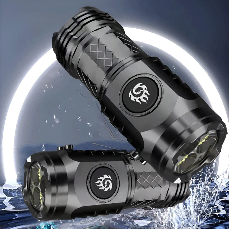 Bright portable LED torch, ideal for camping, hiking, and tactical use; USB-C rechargeable.
