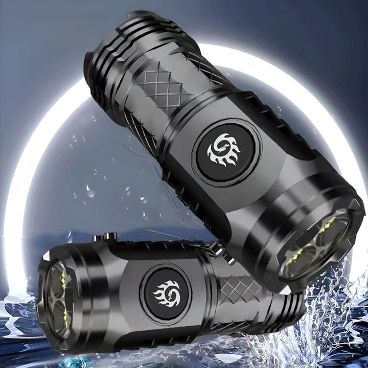 Bright portable LED torch, ideal for camping, hiking, and tactical use; USB-C rechargeable.