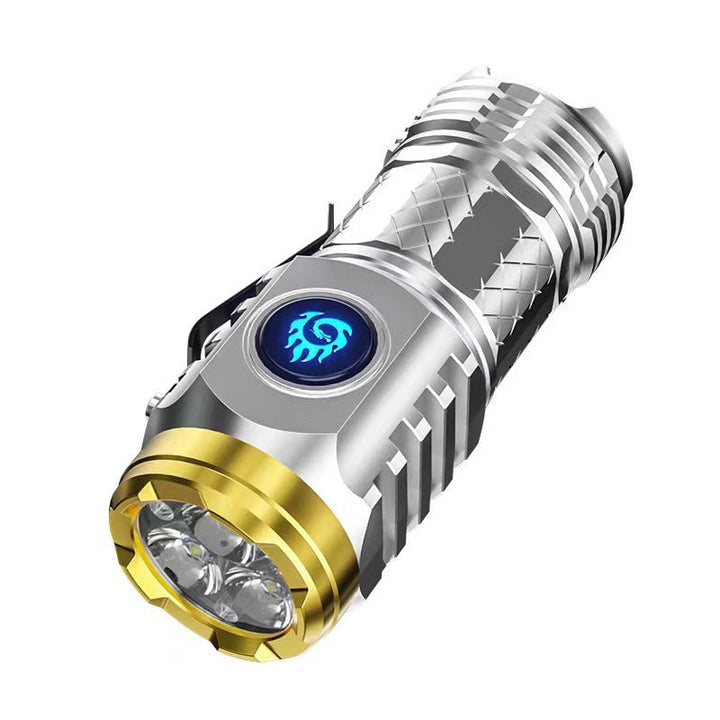 Rechargeable LED flashlight with powerful beam, perfect for camping, fishing, and emergency kits.