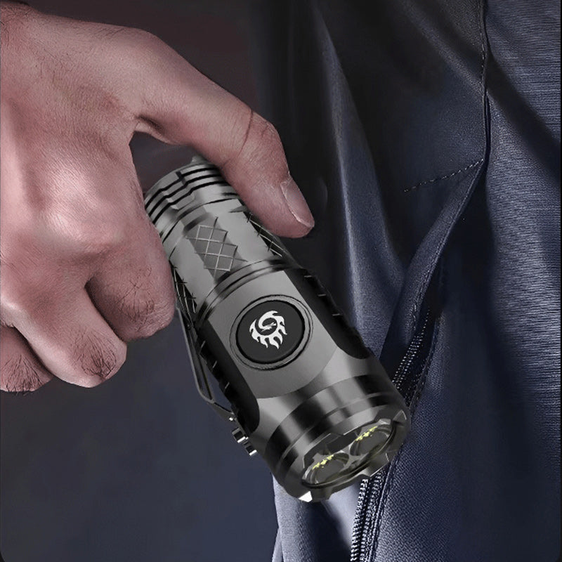 Portable USB-C rechargeable LED torch for outdoor activities, durable & waterproof construction.