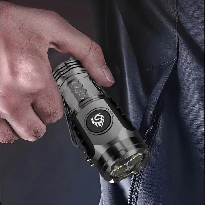 Portable USB-C rechargeable LED torch for outdoor activities, durable & waterproof construction.