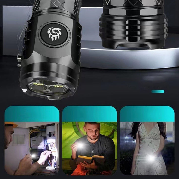 Compact tactical LED flashlight, waterproof and rechargeable, essential gear for adventurers.