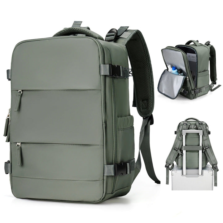Lightweight black polyester travel backpack with padded laptop compartment, ideal for carry-on