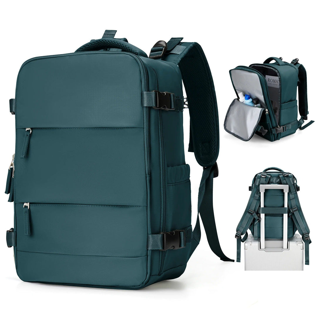 Unisex black travel bag featuring multiple pockets, a comfortable back panel, and laptop sleeve