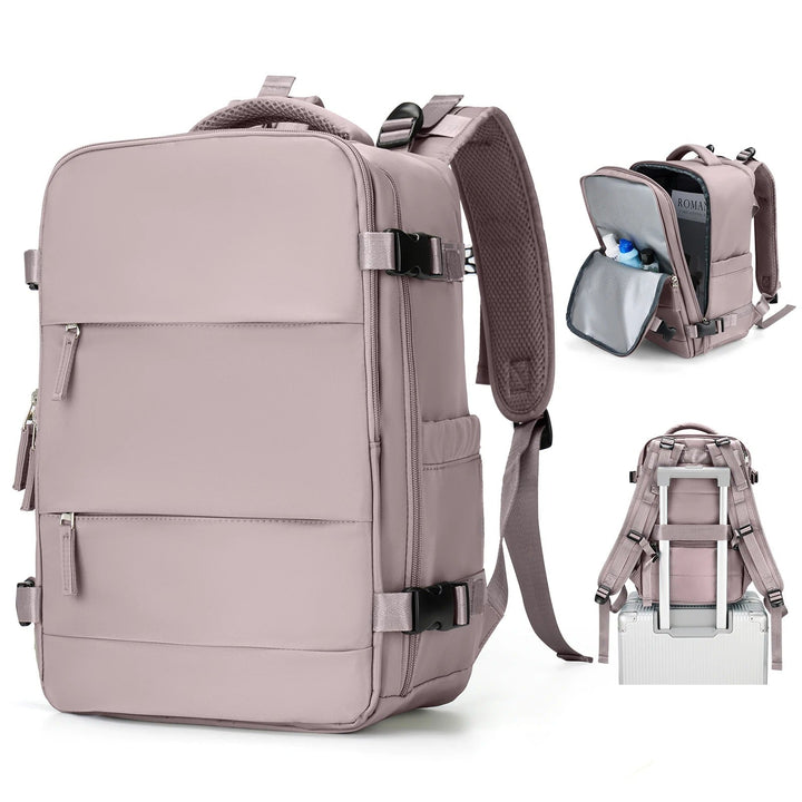 Front view of black compact travel backpack, perfectly sized for daily use and short getaways