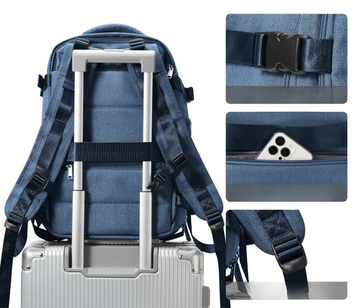 Interior view of black travel backpack, highlighting the laptop sleeve and organized compartments