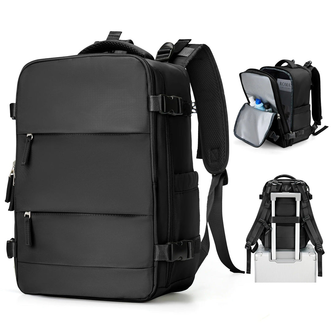 Unisex compact travel backpack in sleek black. Lightweight & durable, perfect for daily commute or weekend trips.