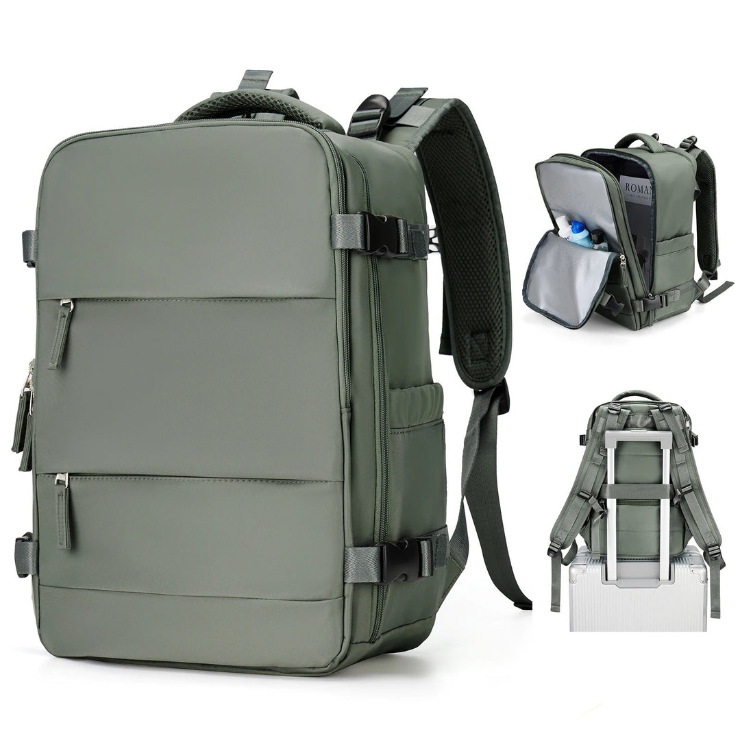 Organized travel backpack main compartment. Features multiple pockets for efficient packing & easy access to essentials.