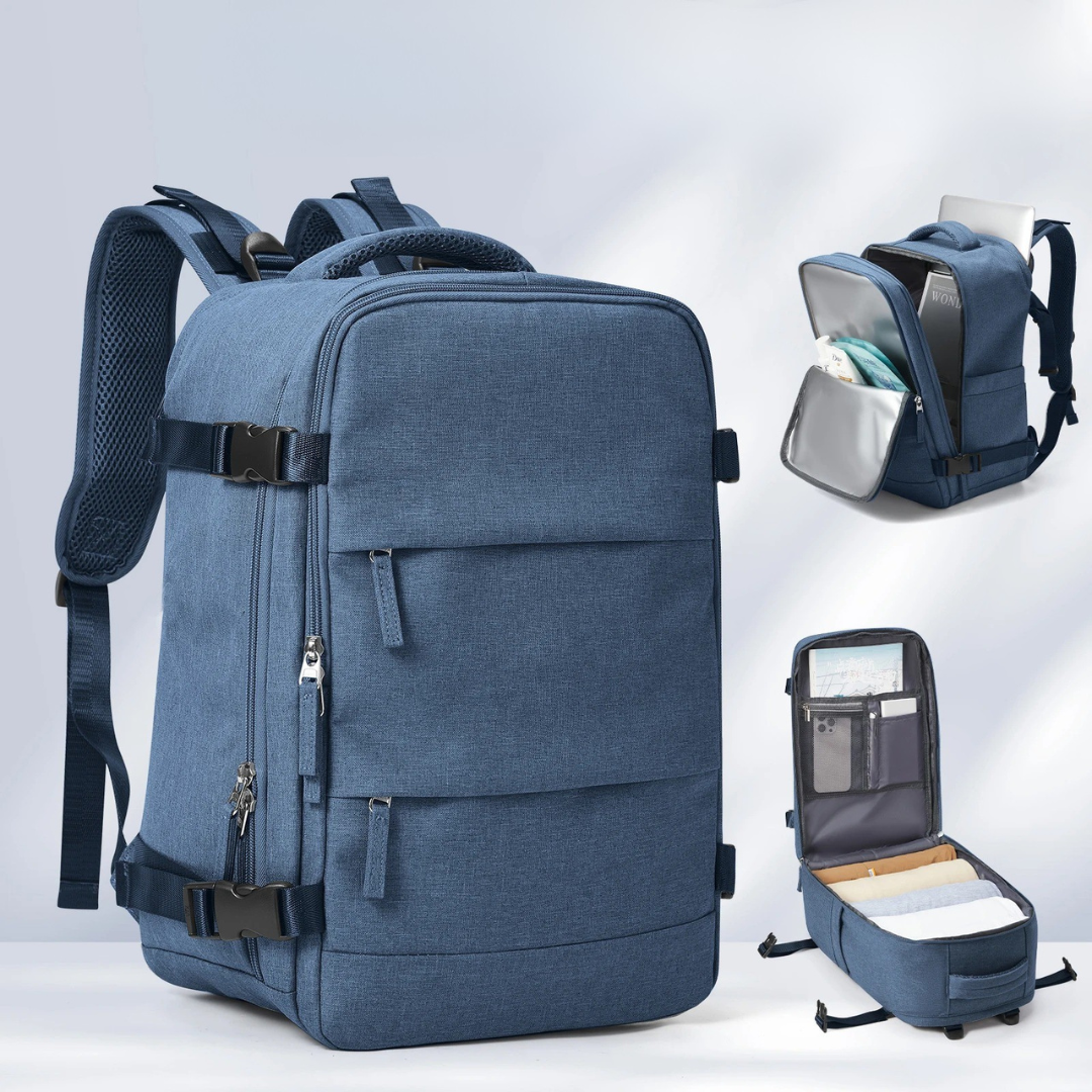 Compact travel backpack's front pocket, designed for quick access to phone, passport, or small travel essentials.