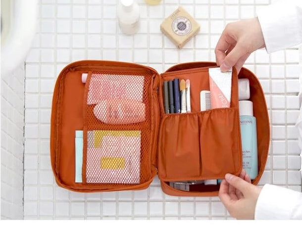 Portable waterproof beauty accessories case, 1+1 free, ideal for travel makeup storage.