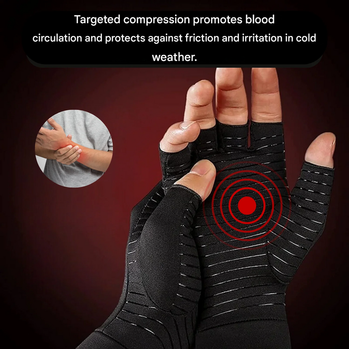 Comfortable daily wear compression gloves providing warmth for arthritis hand pain relief.