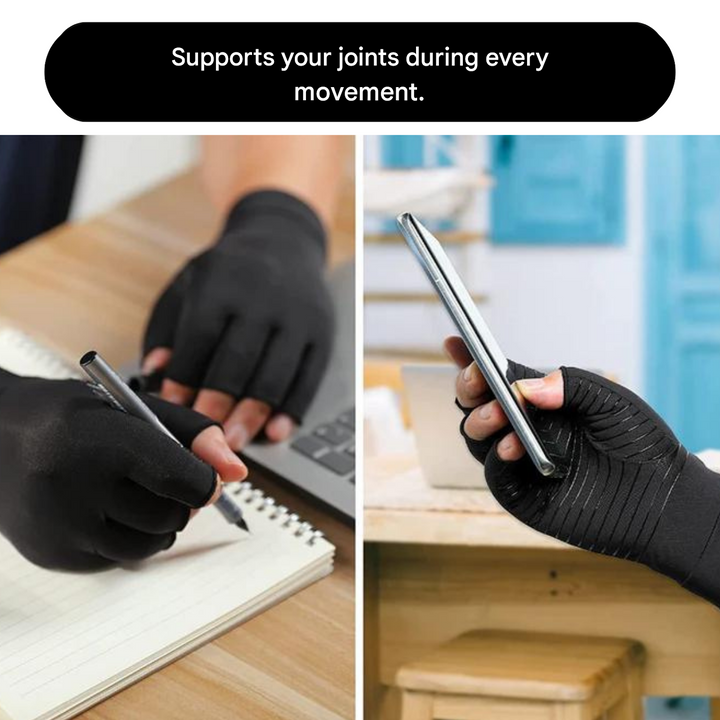 Soft, breathable compression gloves for gentle warmth and relief from arthritis hand pain.