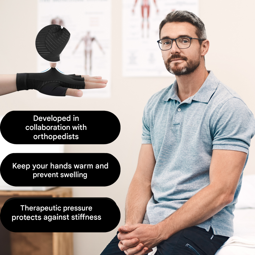 Unisex joint support compression gloves for active individuals with arthritis & hand discomfort.
