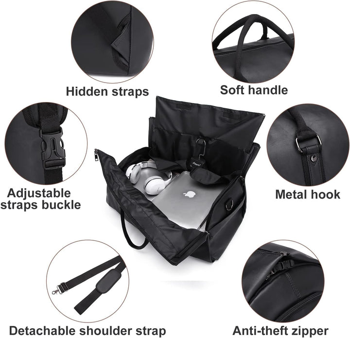 Black weekender bag transforms from suit carrier to duffel, perfect for organized travel.