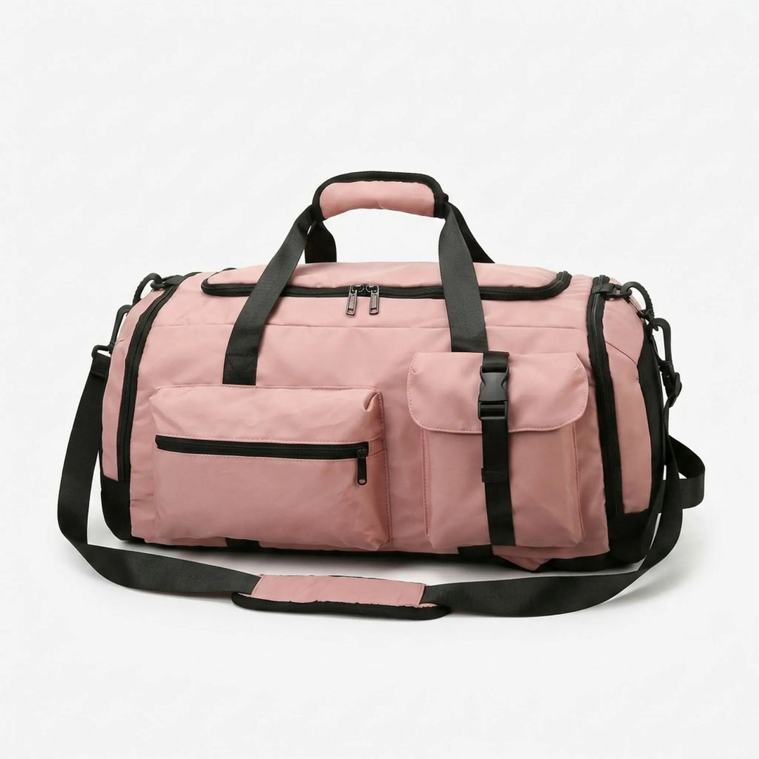 Spacious Oxford fabric multi-pocket duffel bag. Transforms into a backpack for active sports & weekend getaways.