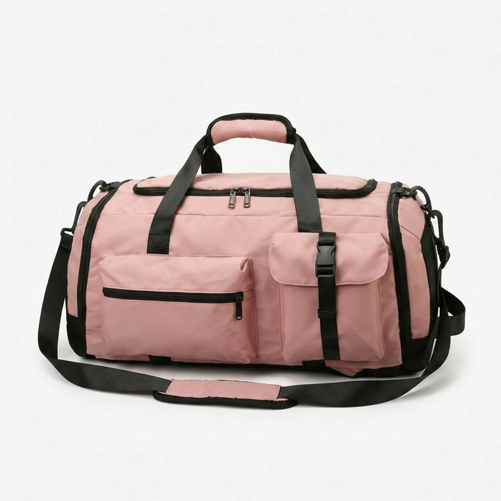 Spacious Oxford fabric multi-pocket duffel bag. Transforms into a backpack for active sports & weekend getaways.