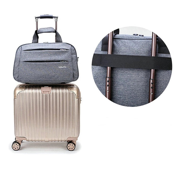Lightweight travel carry-on bag opened, showing spacious main compartment, unisex design