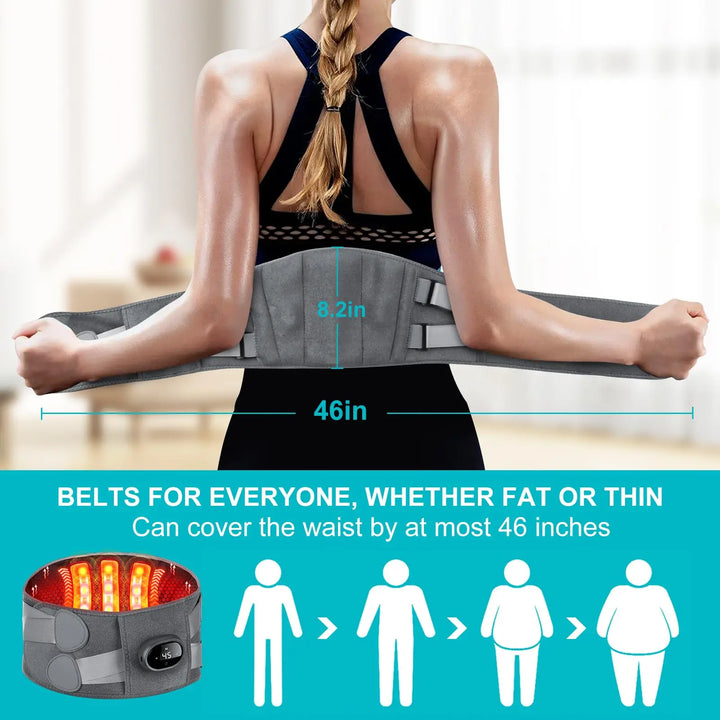 Portable lower back massager with infrared heat and red light therapy for muscle pain relief.