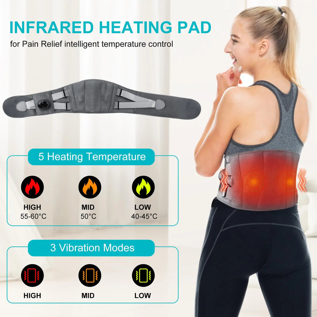 Cordless heating pad for lower back pain relief. Features vibration therapy and deep heat.