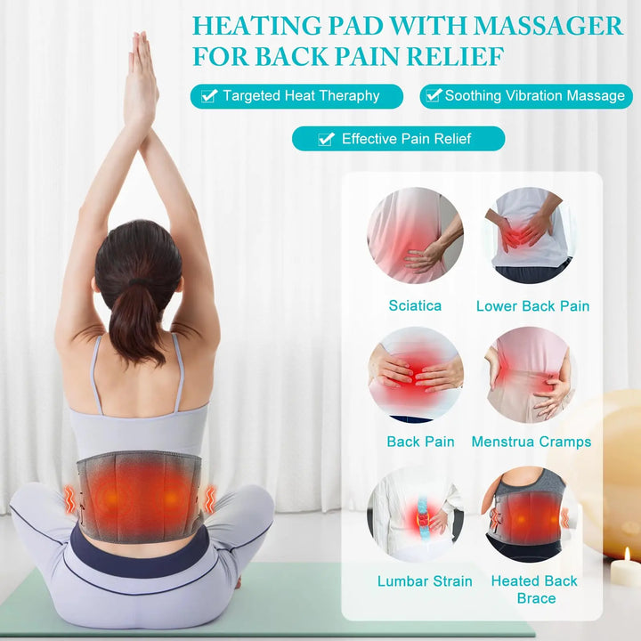 Unisex heating pad and massager offering comfort & relaxation for lower back muscle pain.