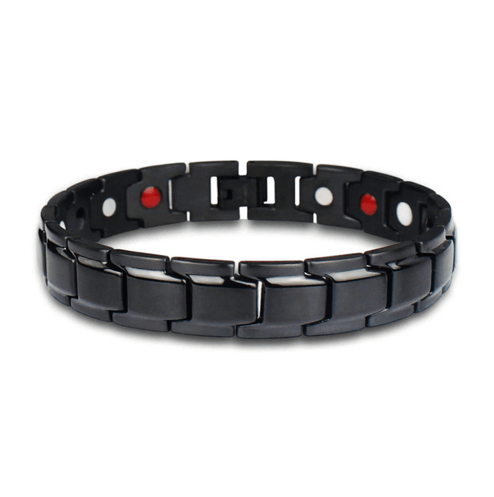 Close-up of a sleek stainless steel magnetic bracelet, unisex and therapeutic