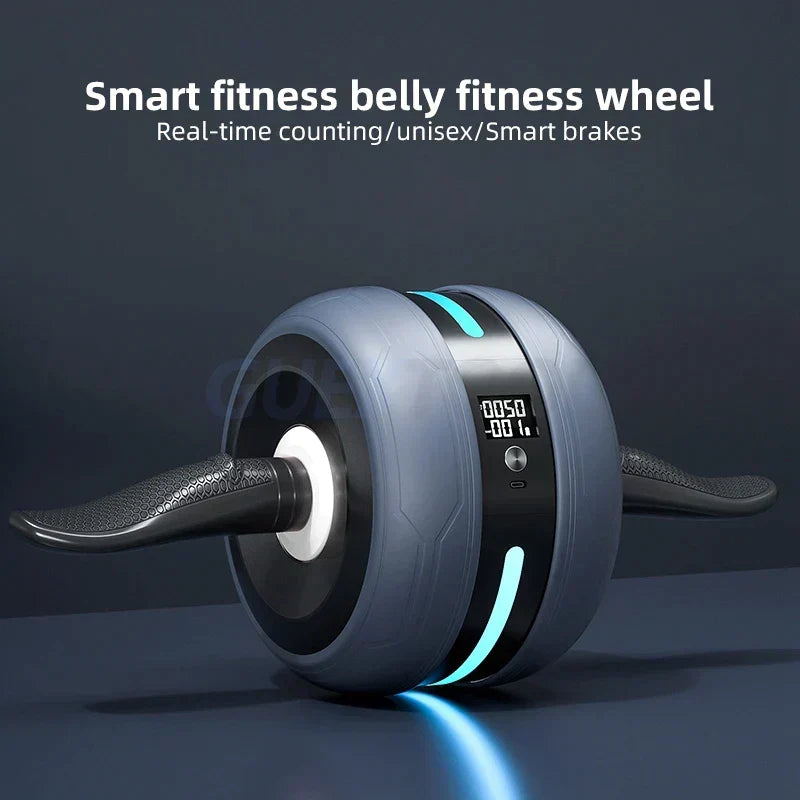 Close-up of CorePro ab wheel with automatic rebound and smart counting for advanced core workouts.