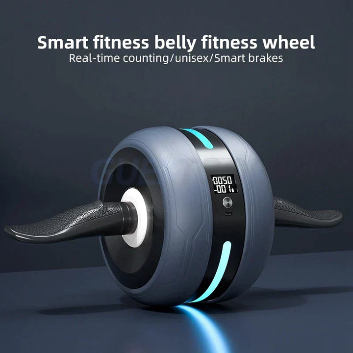 Close-up of CorePro ab wheel with automatic rebound and smart counting for advanced core workouts.