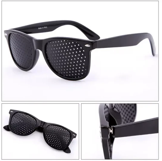 Corrective pinhole glasses for vision improvement, aiding nearsightedness, farsightedness, and eye strain relief.