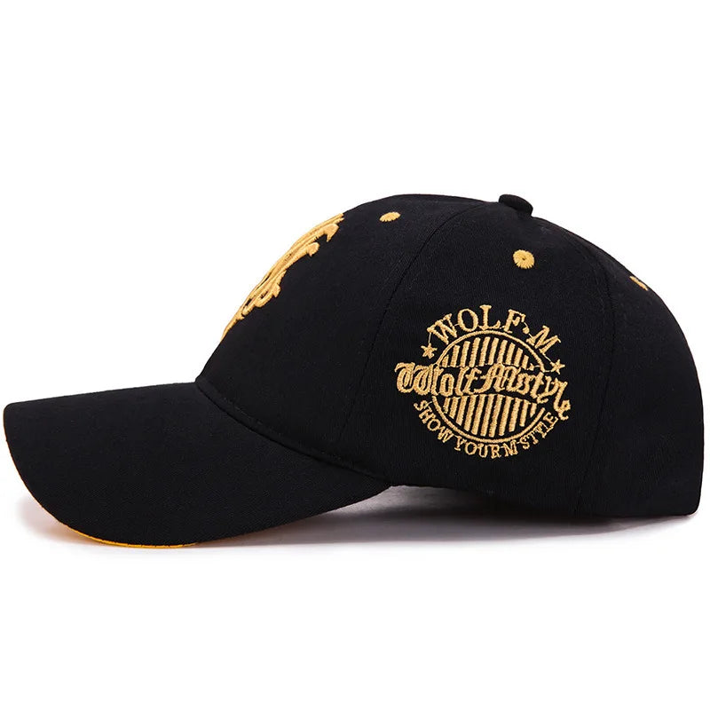 Casual cotton headwear: unisex embroidered wolf monogram baseball cap for streetwear style.
