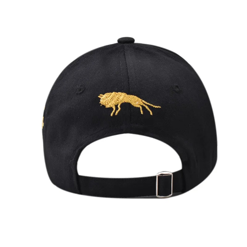 Streetwear adjustable unisex baseball cap with a detailed wolf embroidery on front.