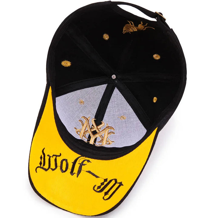 Classic unisex cotton baseball cap with a prominent embroidered wolf emblem.
