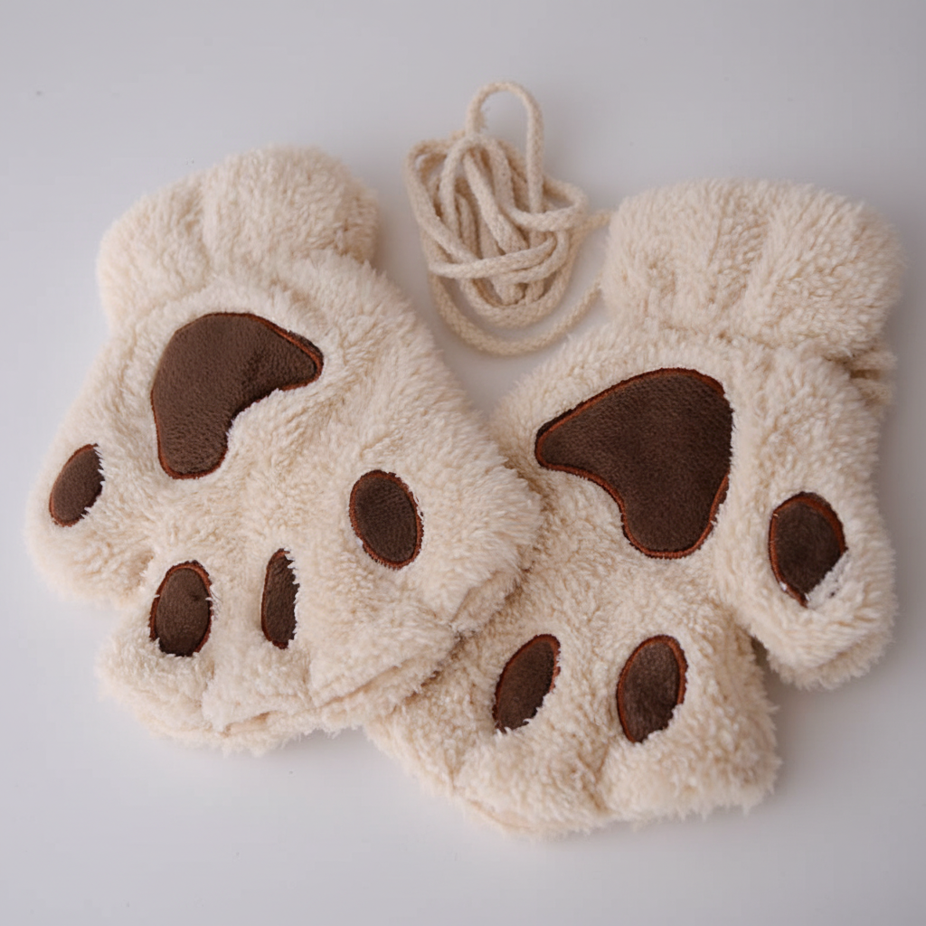 Pair of unisex fingerless paw print gloves, gray with black pads, for soft cozy warmth