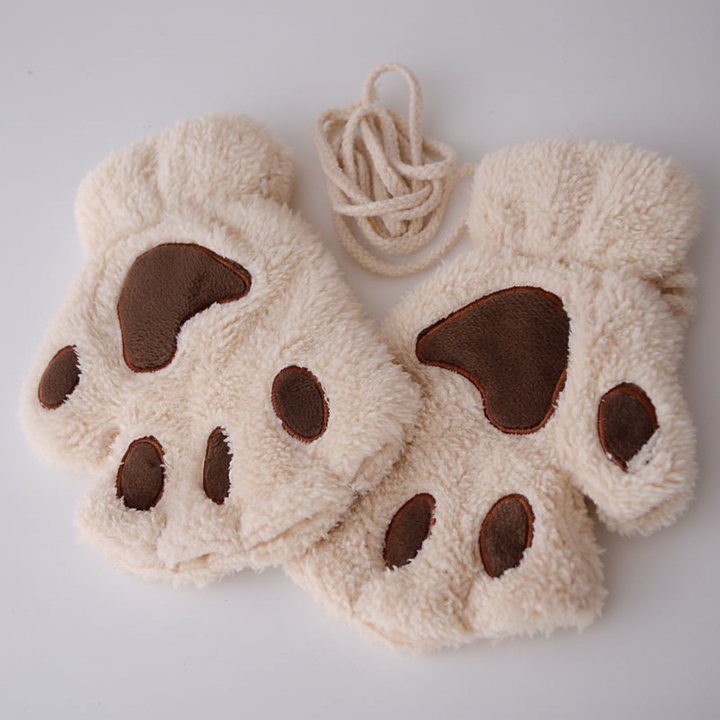 Pair of unisex fingerless paw print gloves, gray with black pads, for soft cozy warmth